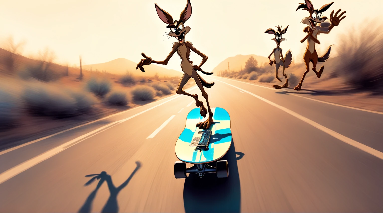 longboarding, downhill, motion blur, sense of movement and energy, Wile E. Coyote and the Road Runner, Wile Coyote on a longboard, keeping pace with Roadrunner who is running on the road, hand drawn Chuck Jones style reference, negative inverted colors, thermal iridescent effect,