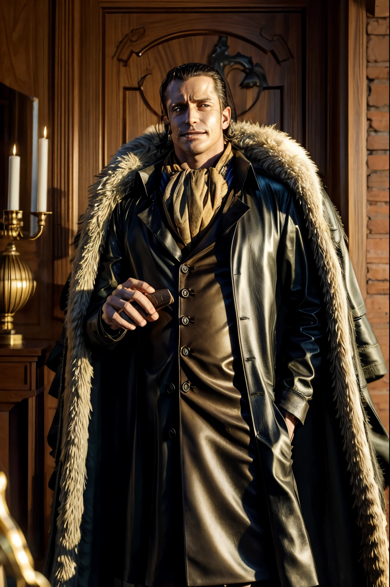 masterpiece, best quality, extremely detailed, hyperrealistic, photorealistic, a cool 40s man, ultra detailed face:1.2, fur-trimmed coat, scarf around the neck, his left hand is a golden pirate hook:1.1, distant view shot, modern living room, lots of plants:1.3, dynamic pose, cigar, sly smile, relaxed
