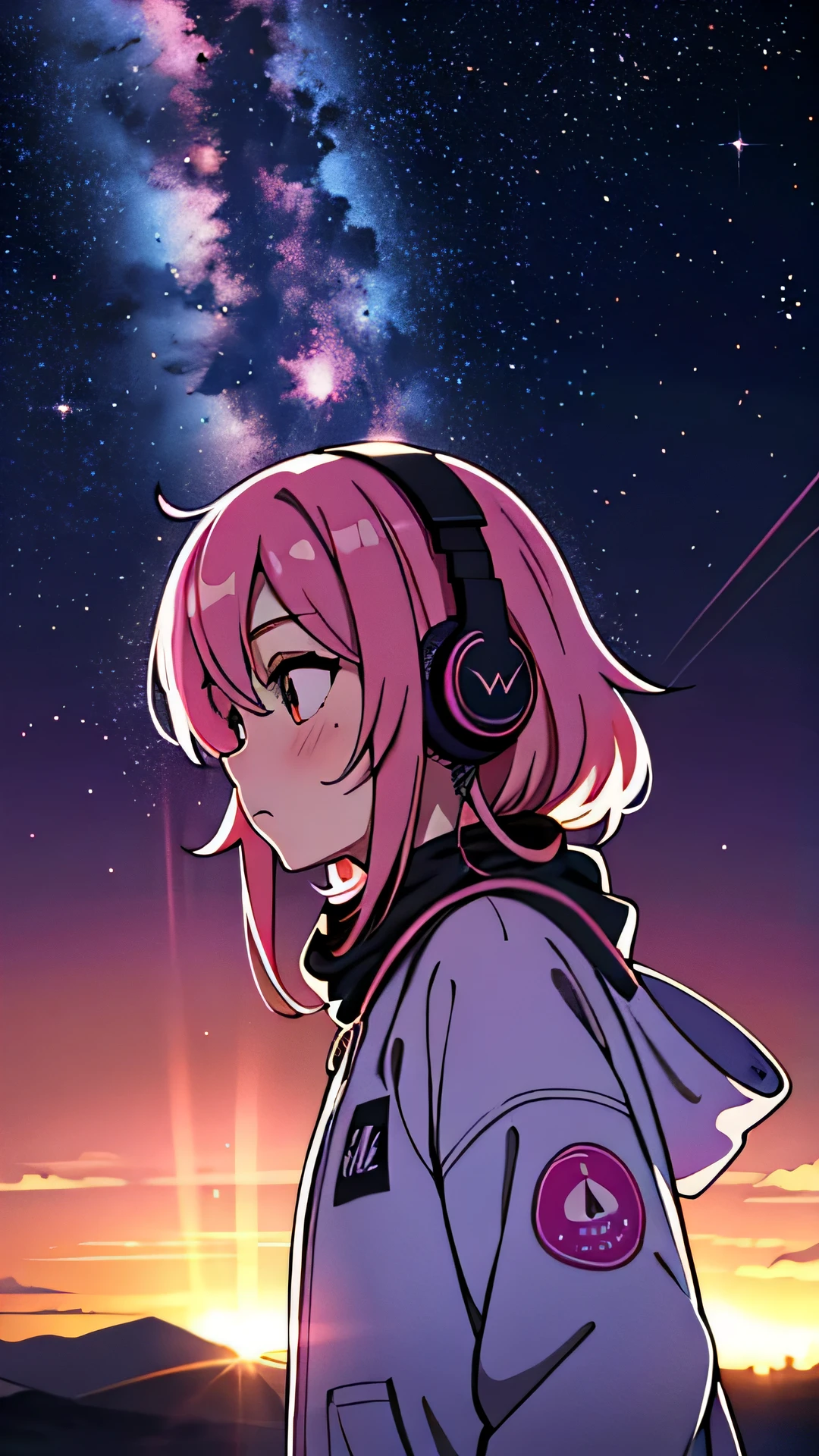 master piece, City Pop style, girl, Pink Hair, alone, wearing headphones, blush, Salar de Uyuni, Milky way, colorful lighting, from side