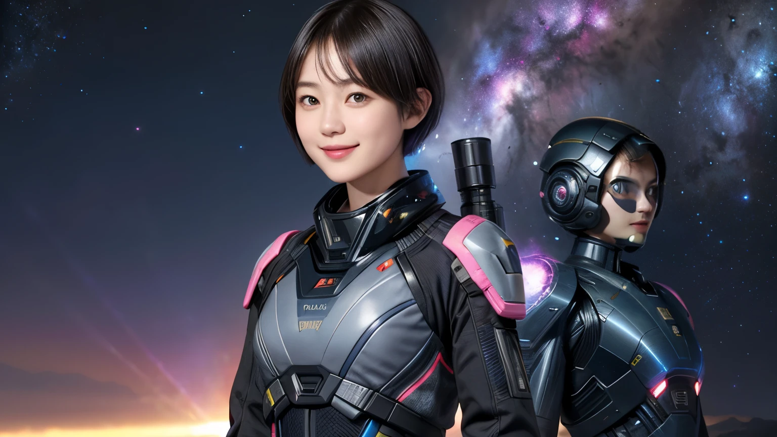 211 Short Hair, 20-year-old woman, Floral, A kind smile, Futuristic clothing, machinery suit, (The background is a galaxy and nebula), (Upper and lower separate々Clothes)