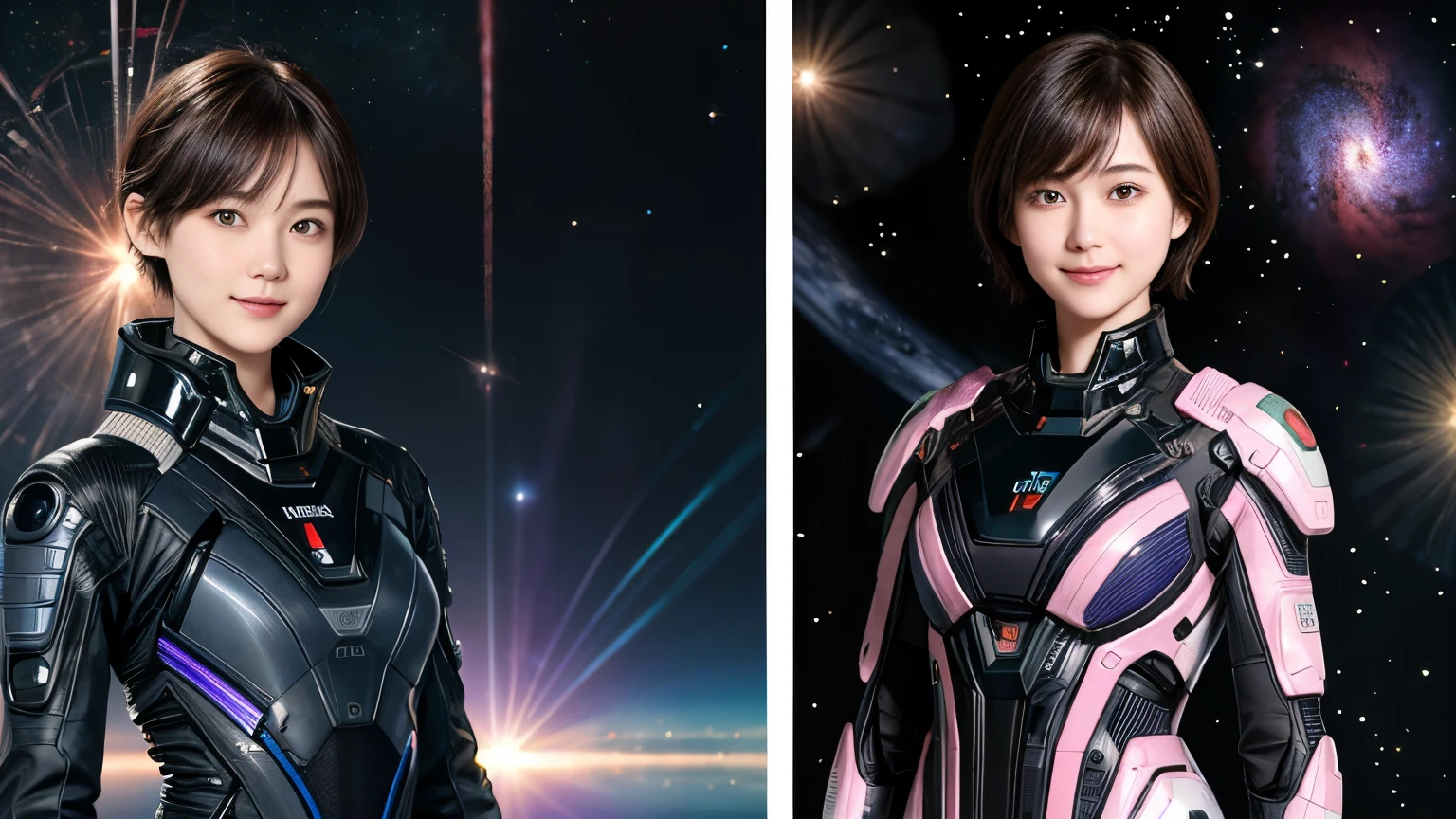 211 Short Hair, 20-year-old woman, Floral, A kind smile, Futuristic clothing, machinery suit, (The background is a galaxy and nebula), (Upper and lower separate々Clothes)