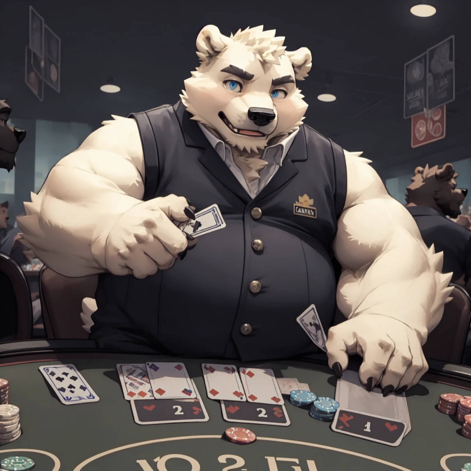 New Jersey 5 Furry,polar bear,Full body portrait of an individual,Exquisite, Chubby,Fat,Thick arms,Rugged muscles,Topless,White plush fur,Chubby脸,Black eyebrows,sky blue eyes,Black beard,White lining,vest,jeans,Dealer Attire,casino,Poker Table,坐在Poker Table前,Playing cards in hand,The corners of the mouth slightly raised