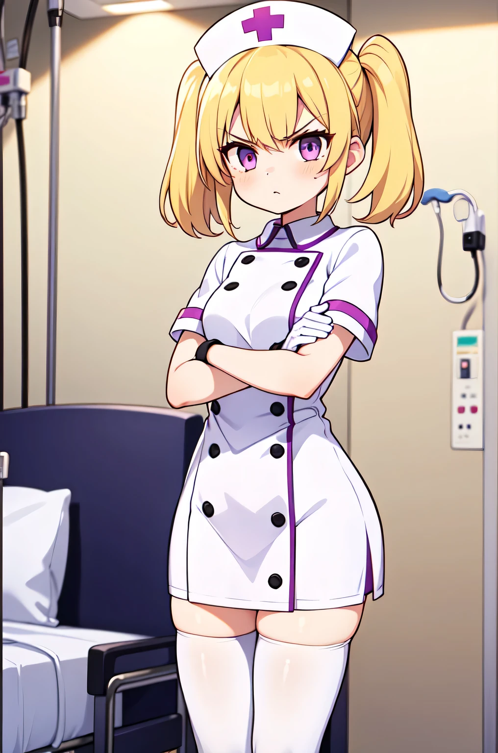 1girl, solo, nurse, nurse cap, white nurse uniform, ((white legwear, zettai ryouiki)), white gloves, twintails, yellow hair, purple eyes, angry, crossed arms, standing, ((hospital room)), sharp outline, short sleeves, best quality, masterpiece