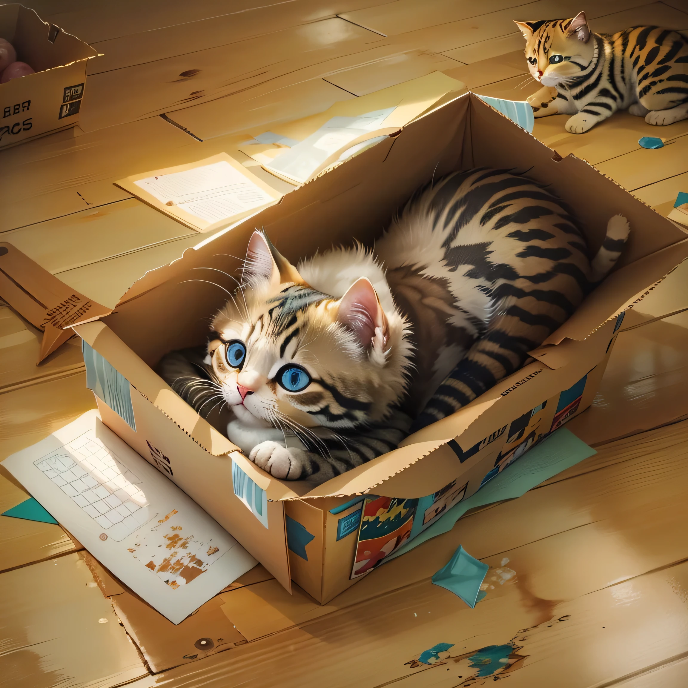 There is a cat lying in a box on the floor., Realistic paintings by Brian Thomas, tumbler, Photorealism, Cute cat, Adorable digital painting, Cute kitten, Cute cat photo, The cutest kitten ever, Beautiful and cute, Cute and adorable, a Cute cat, Adorable kitten, Cute Animals, cute cat, With cute eyes