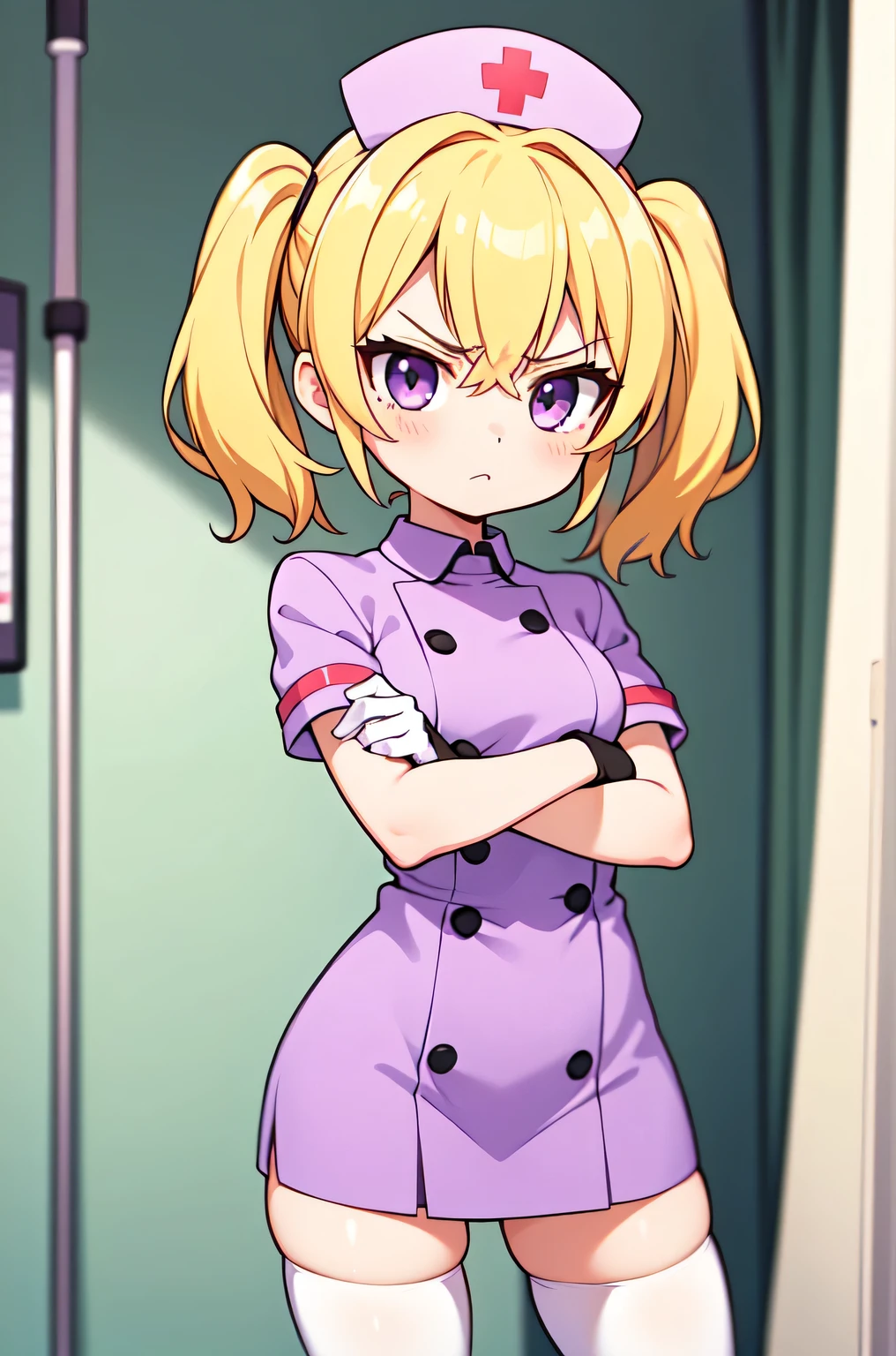 1girl, solo, nurse, nurse cap, white nurse uniform, ((white legwear, zettai ryouiki)), white gloves, twintails, yellow hair, purple eyes, angry, crossed arms, standing, ((hospital room)), sharp outline, short sleeves, best quality, masterpiece