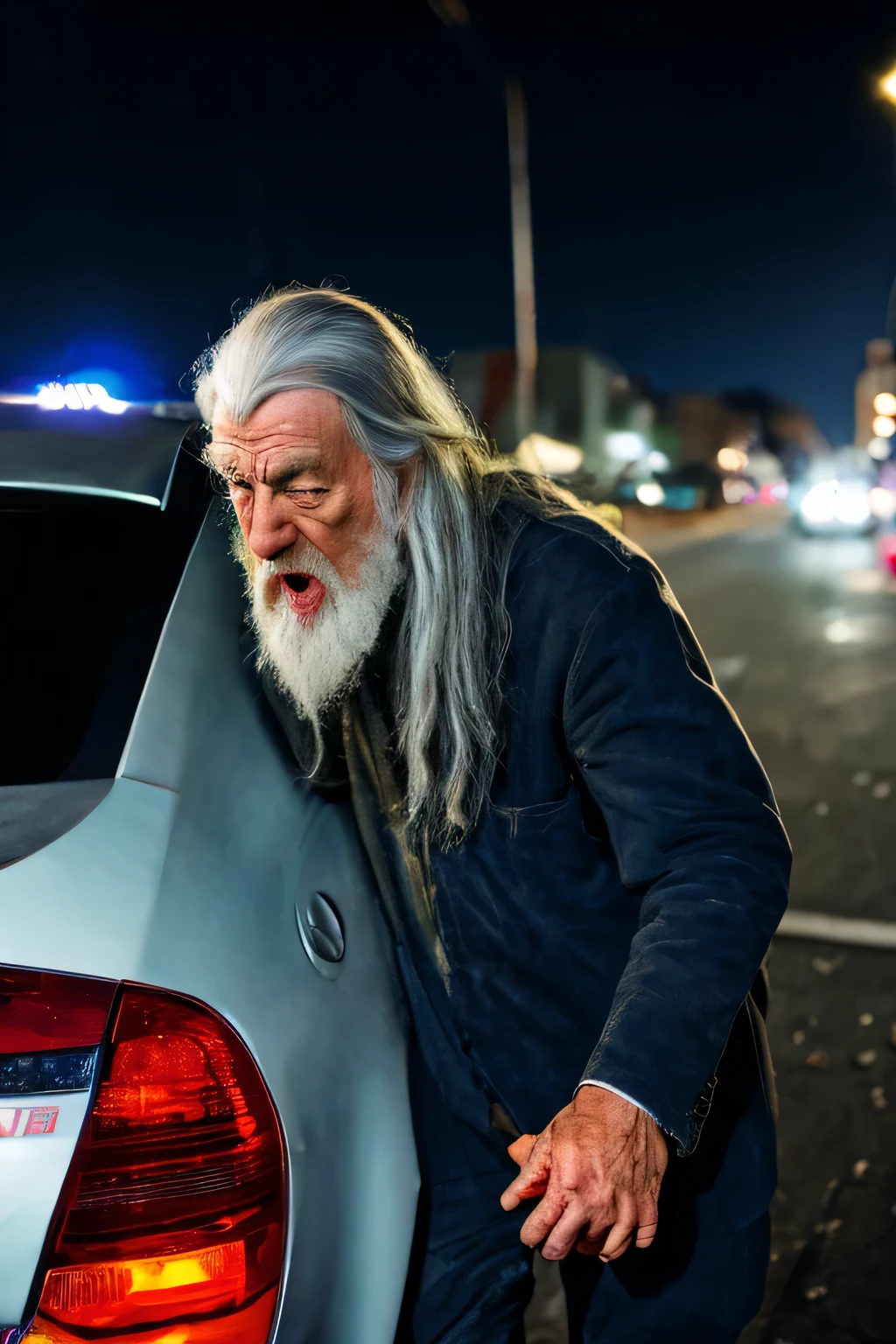 hobo gandalf yelling at a parked car