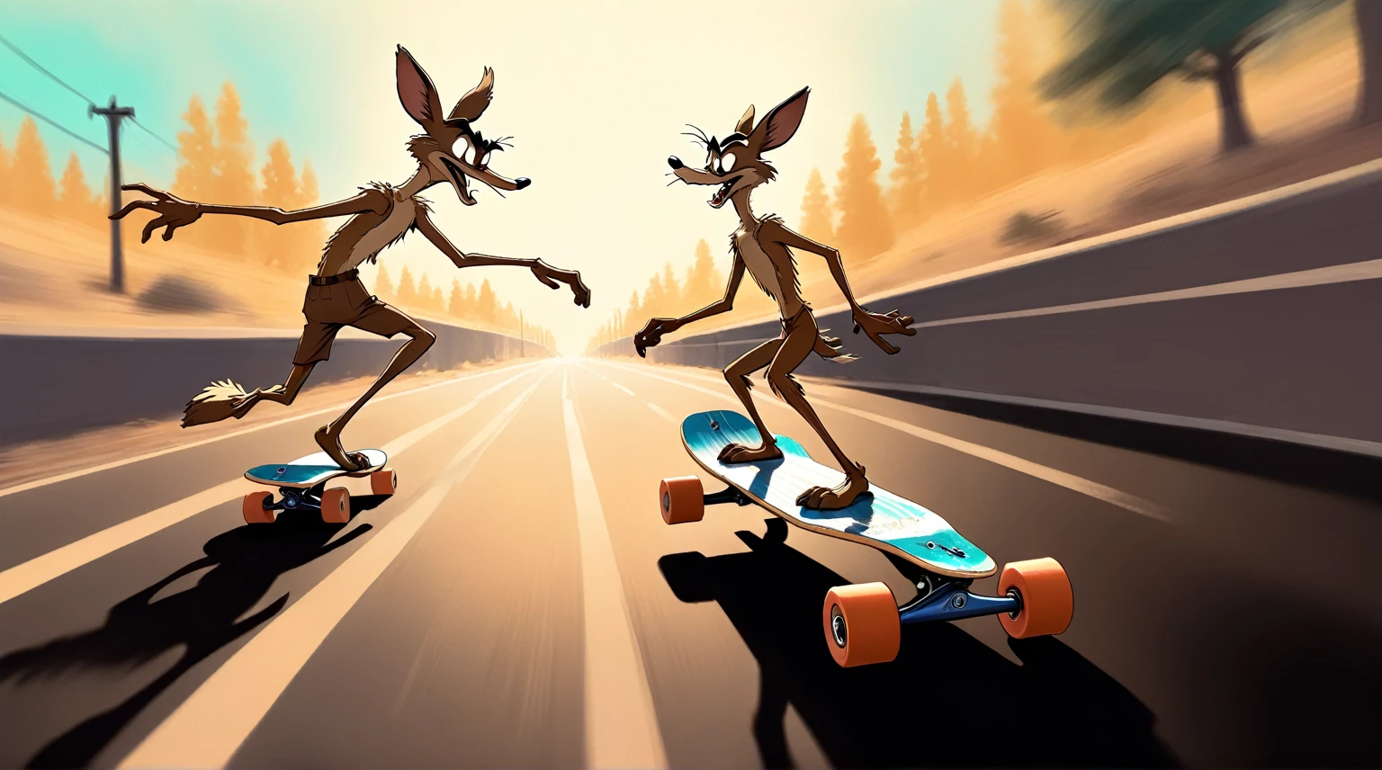 longboarding, downhill, motion blur, sense of movement and energy, Wile E. Coyote and the Road Runner, Wile Coyote on a longboard, keeping pace with Roadrunner who is running on the road, hand drawn Chuck Jones style reference, negative inverted colors, thermal iridescent effect,