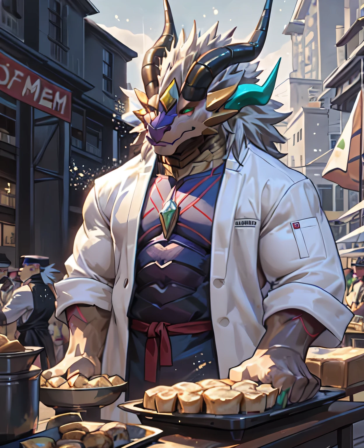 Dough, chef&#39;artwork, official art,  dragon, horn, queue, layer, muscle, fort, I, no, coat, dequeueed eyes, Upper Body, (Half-length portrait), market, bain ther male, Light Particles, Pino Deheny, Michael & Inessa Garmash, Yes，（Hands are claws），dragon claws