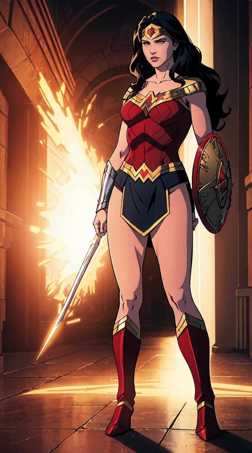 ((Full body photo,standing, feet on the ground))1 woman, solo, Diana Prince (Wonder Woman), mommy, strong, breast, upper body shot, ((black and red colors armor)), skycrapers, ((masterpiece)), female focus, long hair, black hair, flowing hair, face focus, soft smile, Lasso hanging on the waist, tiara