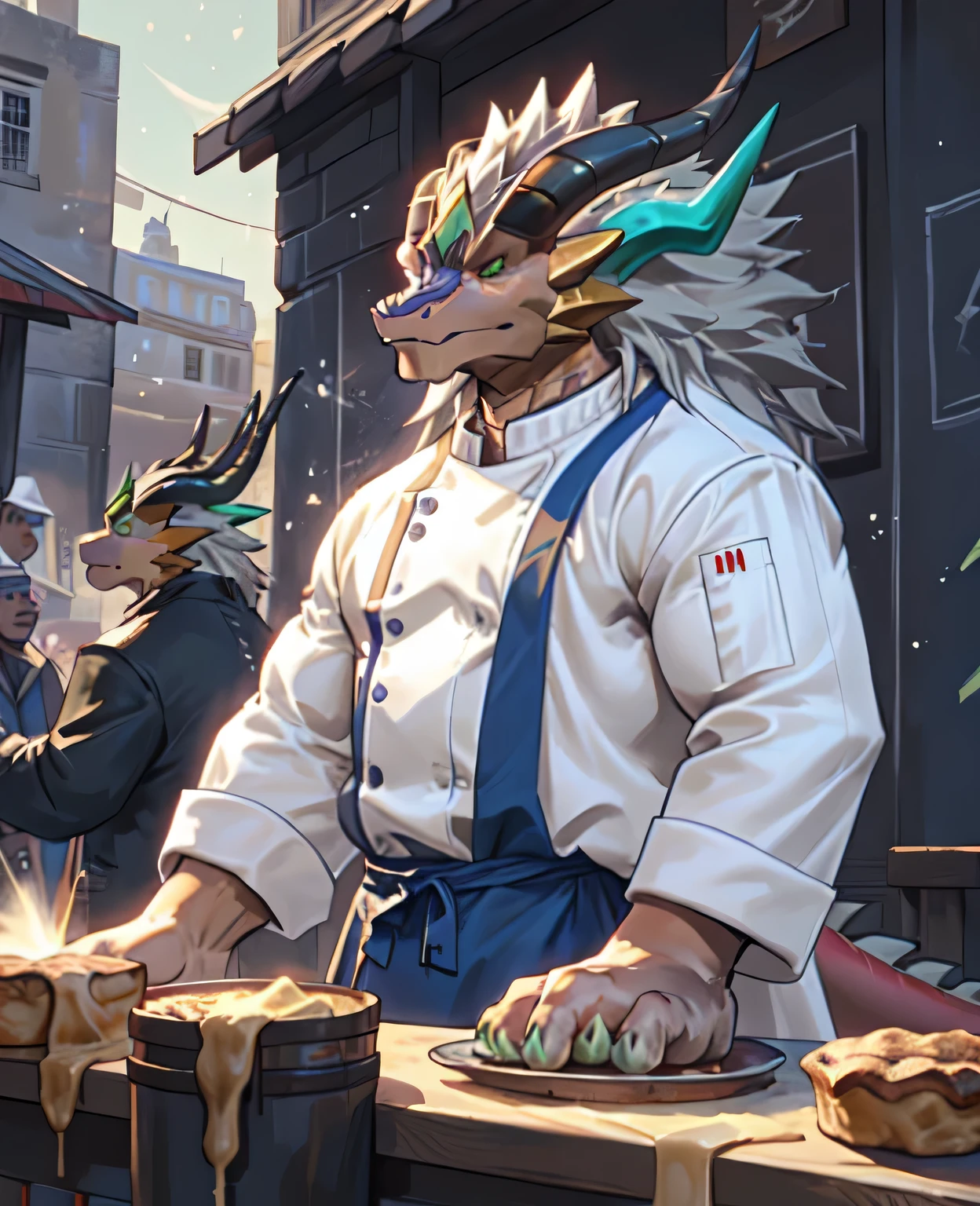 Dough, chef&#39;artwork, official art,  dragon, horn, queue, layer, muscle, fort, I, no, coat, dequeueed eyes, Upper Body, (Half-length portrait), market, bain ther male, Light Particles, Pino Deheny, Michael & Inessa Garmash, Yes，（Hands are claws），dragon claws