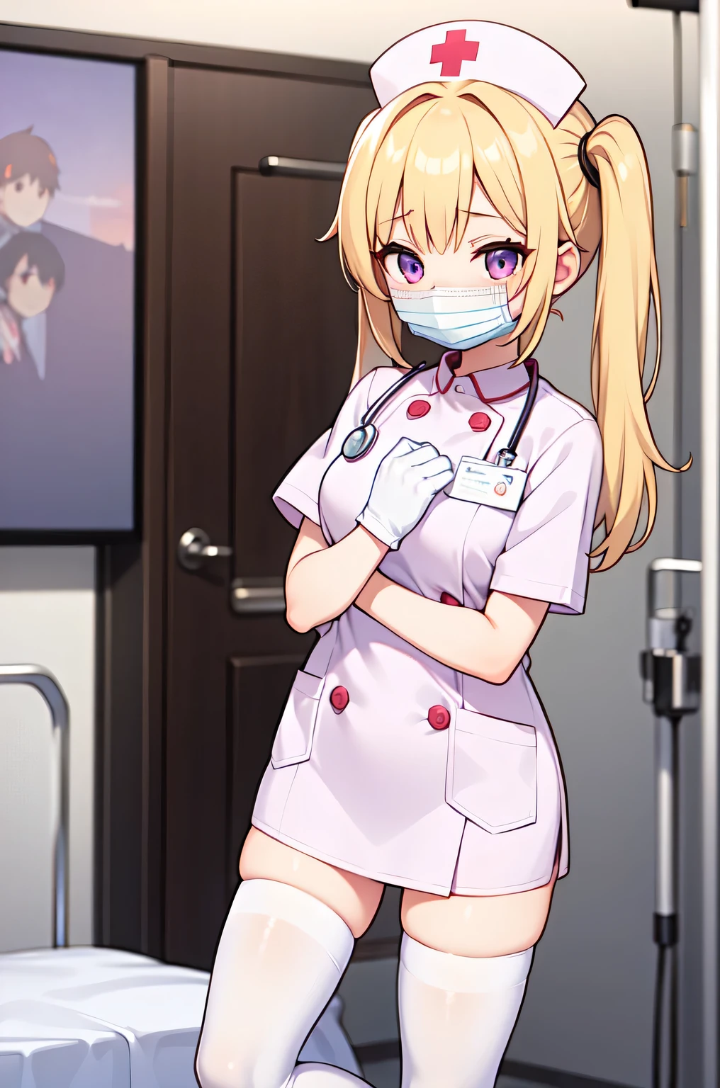 1girl, solo, nurse, nurse cap, white nurse uniform, ((white legwear, zettai ryouiki)), white gloves, twintails, yellow hair, purple eyes, ((white surgical mask, covered nose)), standing, ((hospital room)), sharp outline, short sleeves, best quality, masterpiece