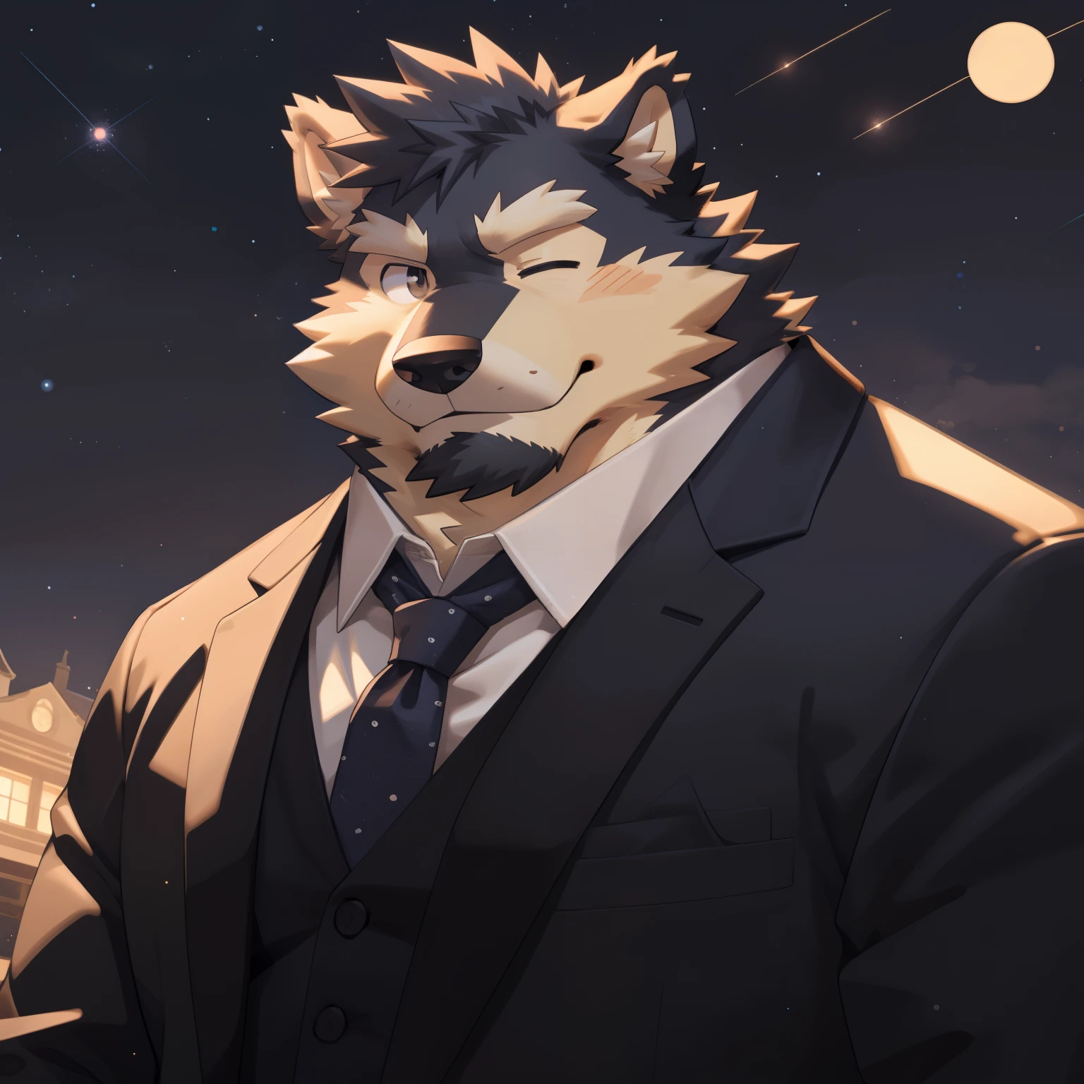Scribble 德国牧羊dog face,Cute face,Humanity(dog),(Suit:1.3),Chubby,(white eyebrows:1.1),（With one eye closed:1.2）,(perfect black eyes), Starry sky background,print style。（Artist:Takemoto Arashi）