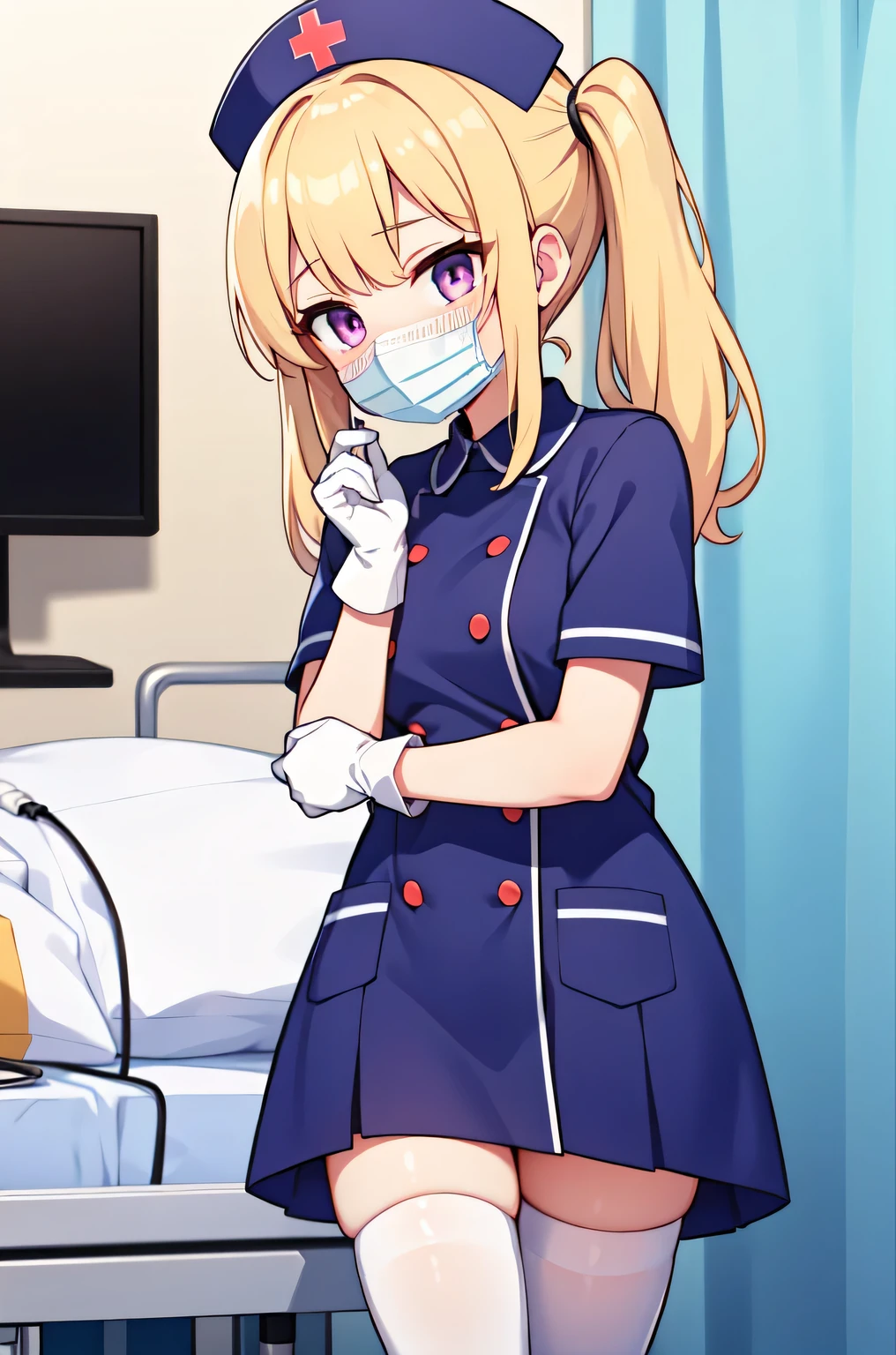 1girl, solo, nurse, nurse cap, white nurse uniform, ((white legwear, zettai ryouiki)), white gloves, twintails, yellow hair, purple eyes, ((white surgical mask, covered nose)), standing, ((hospital room)), sharp outline, short sleeves, best quality, masterpiece