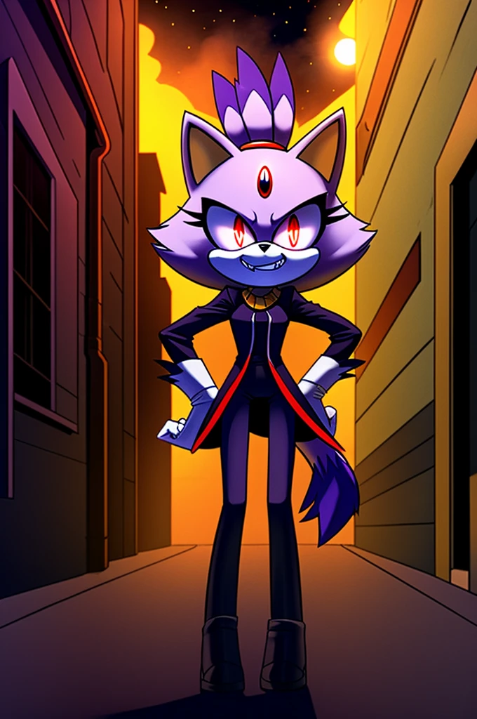 (((masterpiece))), High quality, studio quality, digital art, solo character, blaze the cat, fluffy and wispy grey fur, female cat demon, intimidating height, tall character, very skinny legs, skinny body, big evil grin, evil laughter, reveling in evil laughter, throwing head back, villainous stance, triumphant pose, long fluffy tail, long wispy tail, black eyes with red glowing pupils, smoky atmosphere, in the back of a dark city alleyway, nighttime, graphic novel style art