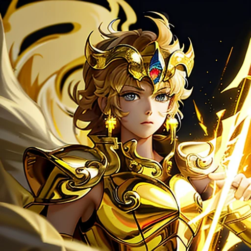 (masterpiece), (highest quality), (One girl), Girl in golden armor, cool pose, Battlefield Background, Fire Background, Saint Seiya Armor, Messy Hair