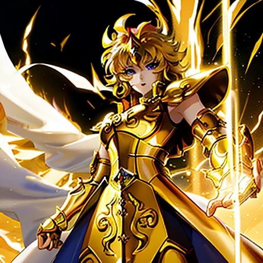 (masterpiece), (highest quality), (One girl), Girl in golden armor, cool pose, Battlefield Background, Fire Background, Saint Seiya Armor, Messy Hair