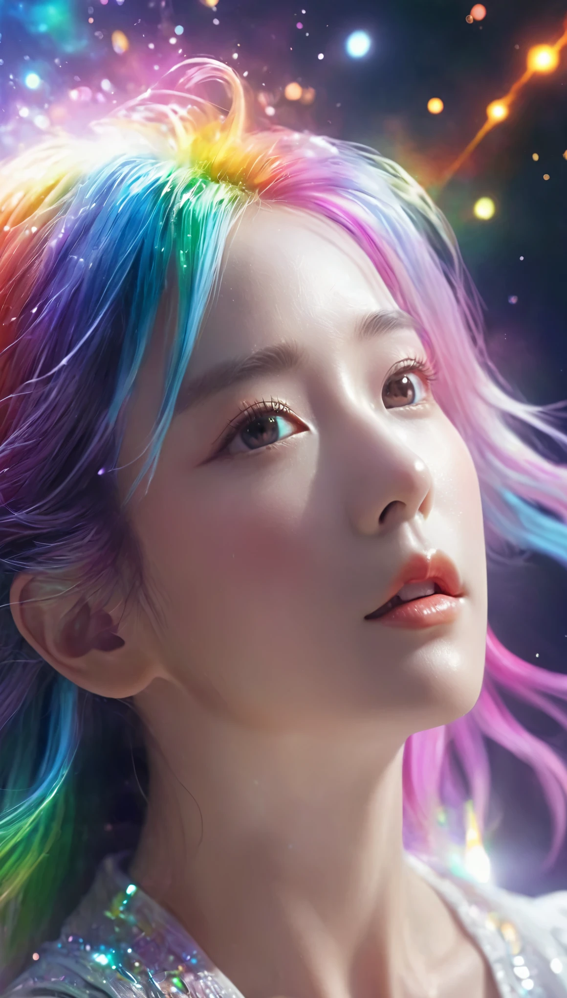 Floating in space、((whole body))、Reach out, highest quality, Highly detailed CG synthesis 8k wallpaper, Cinema lighting, Lens flare, Beautiful eye for detail, White clothes, Multicolored Hair, Rich and colorful light, particle, 、girl、Laugh fearlessly、Rainbow Hair、Big Bang Girl,((The edge of the universe can be seen on the lining))、dark matter、energy、Retro and psychedelic、Create miracles with a single photon、From Blink to Quasar、It's too bright to keep looking、The Super Burst is what draws you in