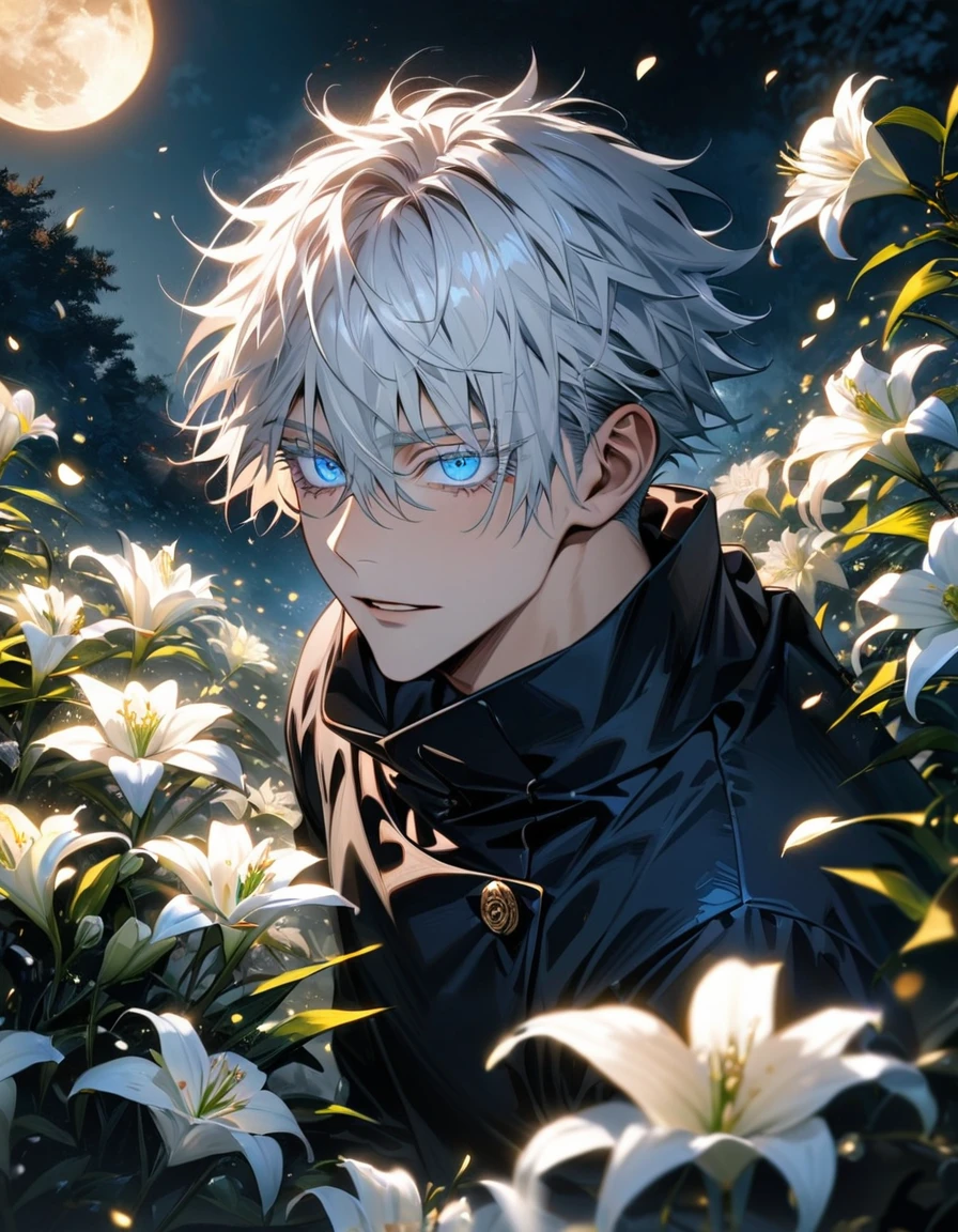 absurdres, highres, ultra detailed, HDR, master piece, best quality, Gojo Satoru, white hair with bangs, expressive blue eyes, hair between the eyes, white eyelashes, Jujutsu Kaisen, 1man, handsome, petals, white lilies, moon, fireflies