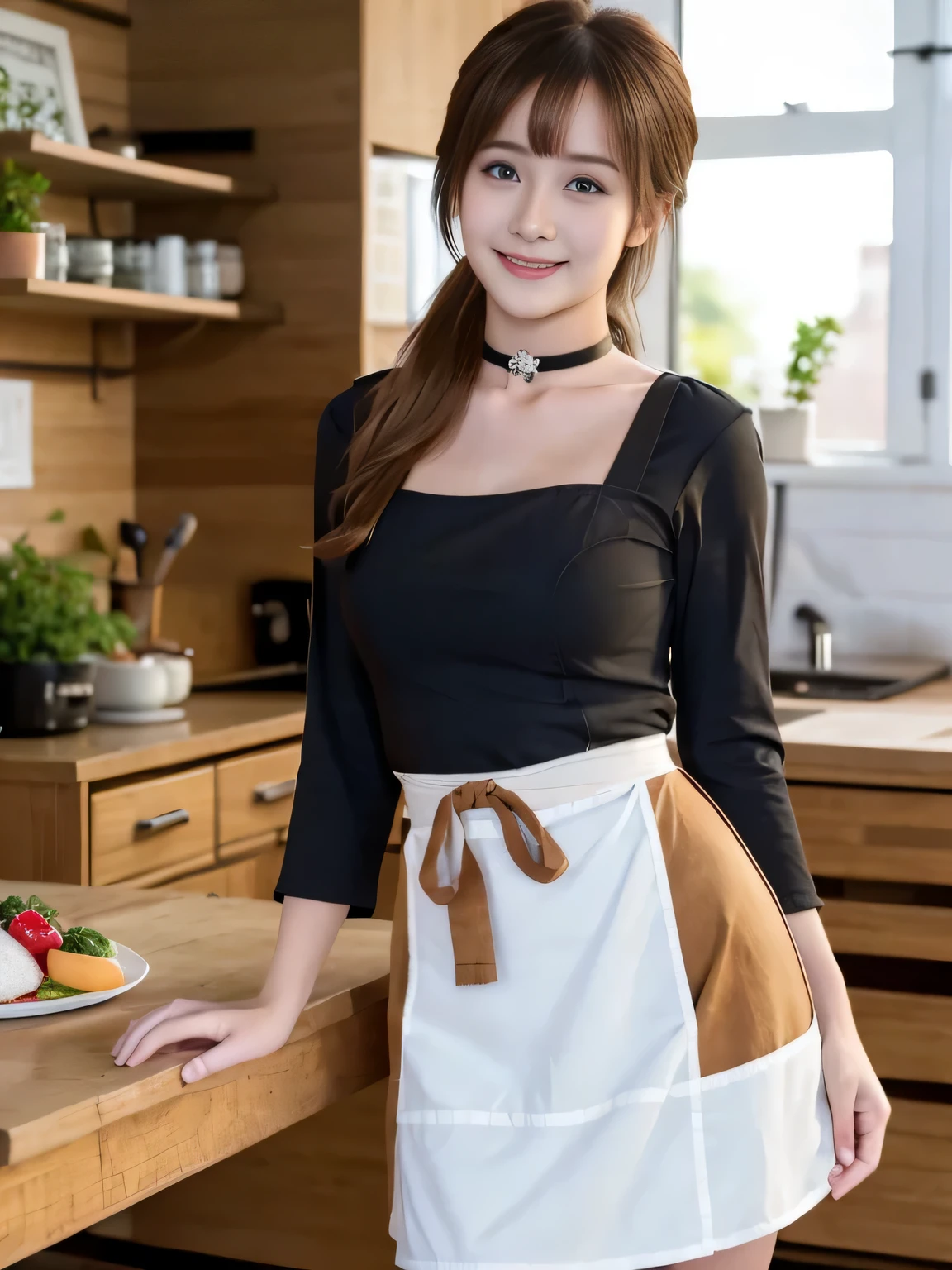 highest quality,masterpiece,Ultra-high resolution, (Realistic:1.4), girl, 18-year-old, (Firm breasts:1.2),  (Slim face:1.2, Narrow waist, Thin legs), Charm,  look at each other, Dynamic Shot, (black choker) , (bangs), Blue Contact Lenses, smile, Big Breasts, ((Work Apron))、very long eyelashes, ((market)), (Nipples:-1)、No sleeve