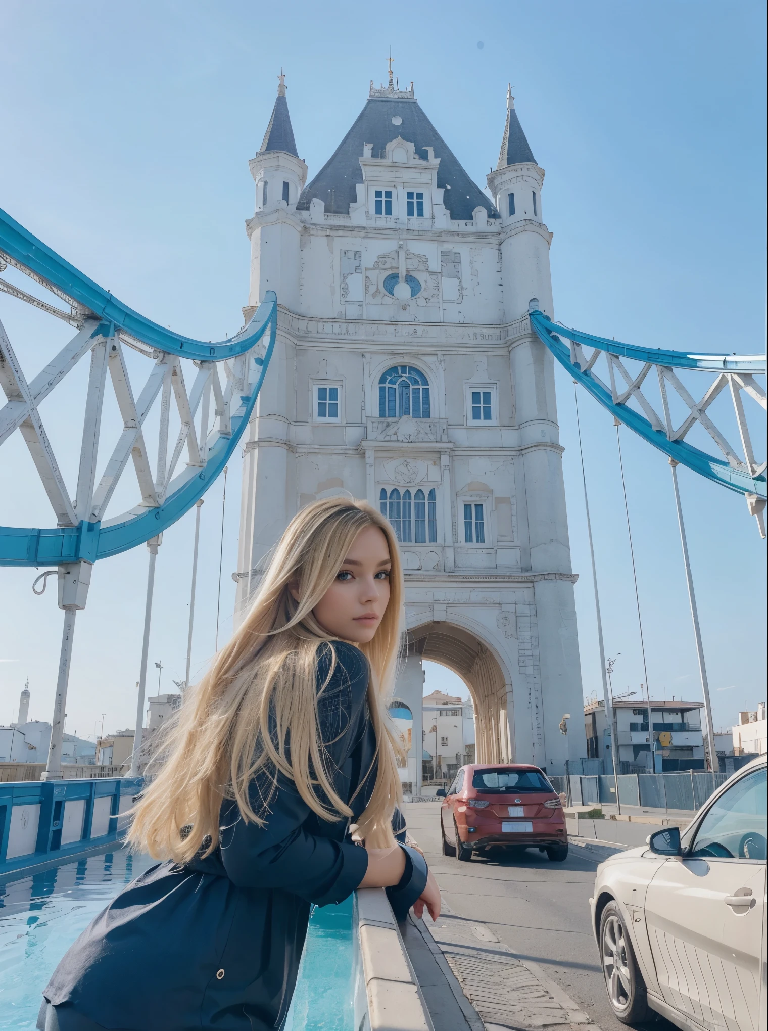 Make blonde Amanda in the same pose wearing an identical outfit in a setting exactly like the one in the photo, cabelo loiro