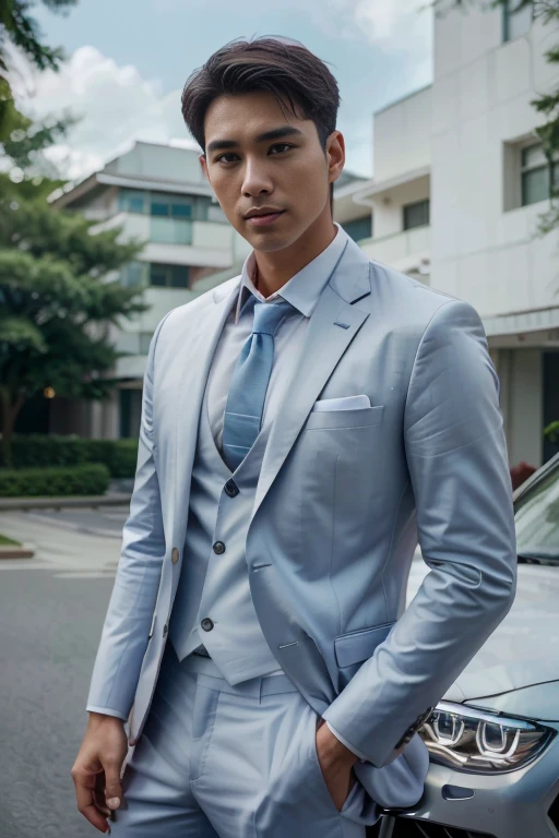 (One wearing a full light blue striped suit、White shirt、Tie、About 25 years old、Japanese men with a height of 180 cm)、((Fair and translucent facial skin))(( Facial light is soft and natural))best quality、masterpiece、Ultra-high resolution、(Photo realism:1.4)、original photo、(戶外街道上One wearing a full light blue striped suit、White shirt、Tie的年輕英俊的日本男人、Standing under the red maple tree、Red and big maple leaves、delicate leaves、branch details)、(There is a white BMW car next to the man、Man's hands on car roof) 、Octane Rendering、8K、Super sharp、realistic light、(There is only one white BMW car on the street、The man's shining eyes look directly in the direction of the camera)、LED、Ultra high quality、High、gentleman、very beautiful hair、bright photos、As handsome as a model、As handsome as an idol,Professional profile photo, Professional portrait photos、Realistic portrait photos, Detailed color portrait, Portrait of an idol, High quality portrait.