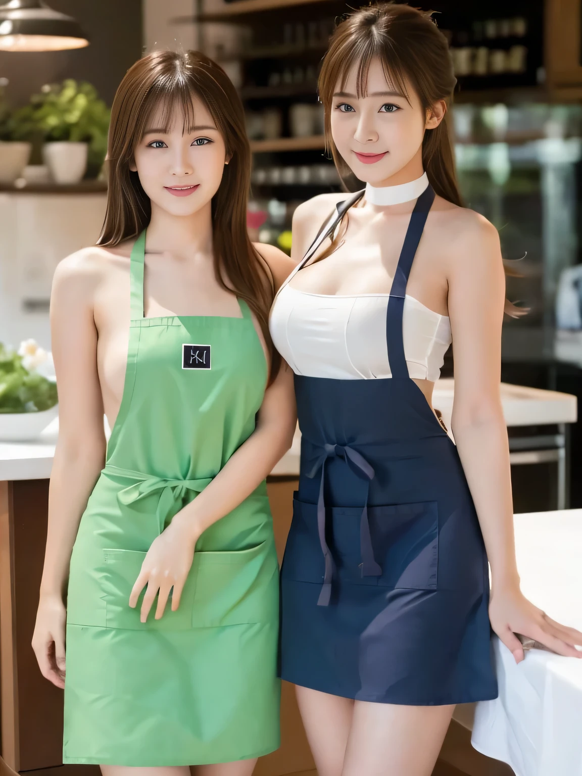 highest quality,masterpiece,Ultra-high resolution, (Realistic:1.4), girl, 18-year-old, (Firm breasts:1.2),  (Slim face:1.2, Narrow waist, Thin legs), Charm,  look at each other, Dynamic Shot, (black choker) , (bangs), Blue Contact Lenses, smile, Big Breasts, ((Naked Apron, Work Apron))、very long eyelashes, ((market)), (Nipples:-1), No sleeve