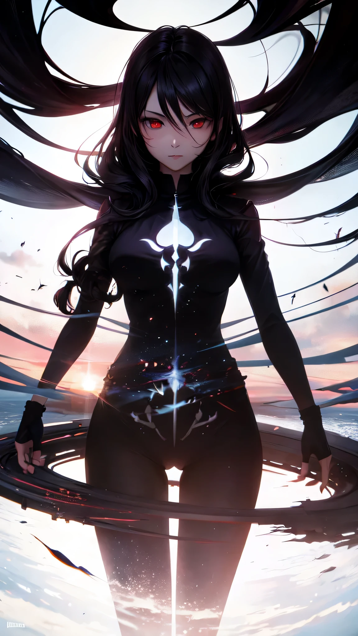 16k, daydreaming expression, ((in the Land of Death)) ((Double Exposure silhouette:1.5)) (solo curly:1.2 black hair long hair evil god girl), (( yo)), (evil-god red eyes).