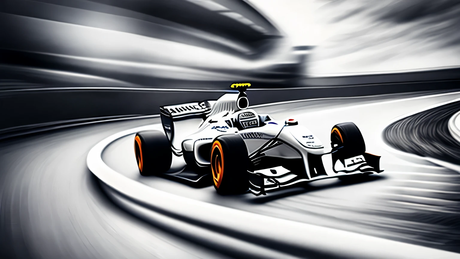 best quality, (motion-blur:1.3), Formula One car racing around a circuit, with the image style created by dividing light and dark areas with the hardness of a pencil, monochrome, super fine, 16k, incredibly absurdres, extremely detailed, delicate, flashy and dynamic depiction