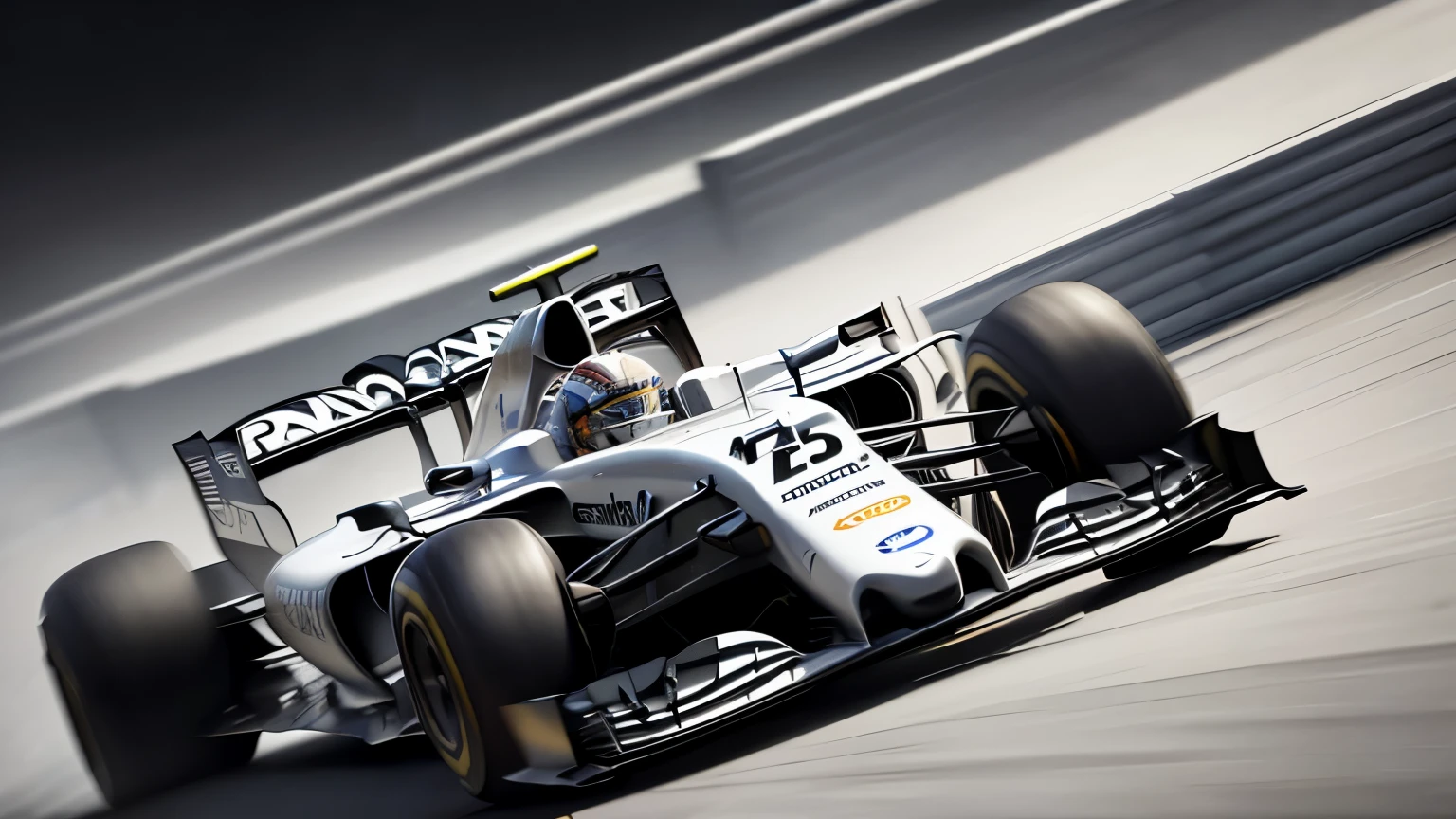 best quality, (motion-blur:1.3), Formula One car racing around a circuit, with the image style created by dividing light and dark areas with the hardness of a pencil, monochrome, super fine, 16k, incredibly absurdres, extremely detailed, delicate, flashy and dynamic depiction