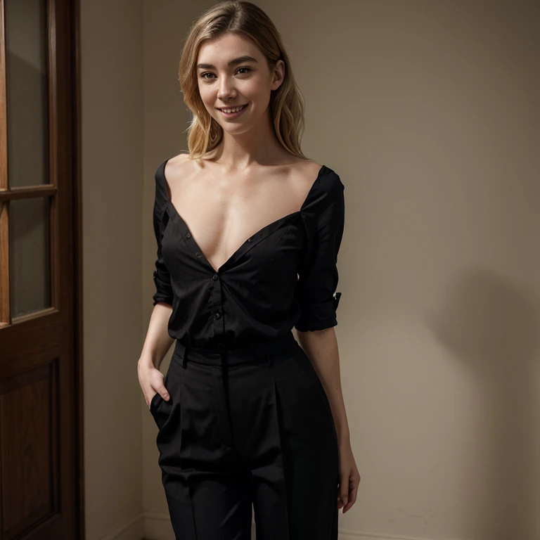 Vanessa Kirby dressed in dress shirt and black pants smiling