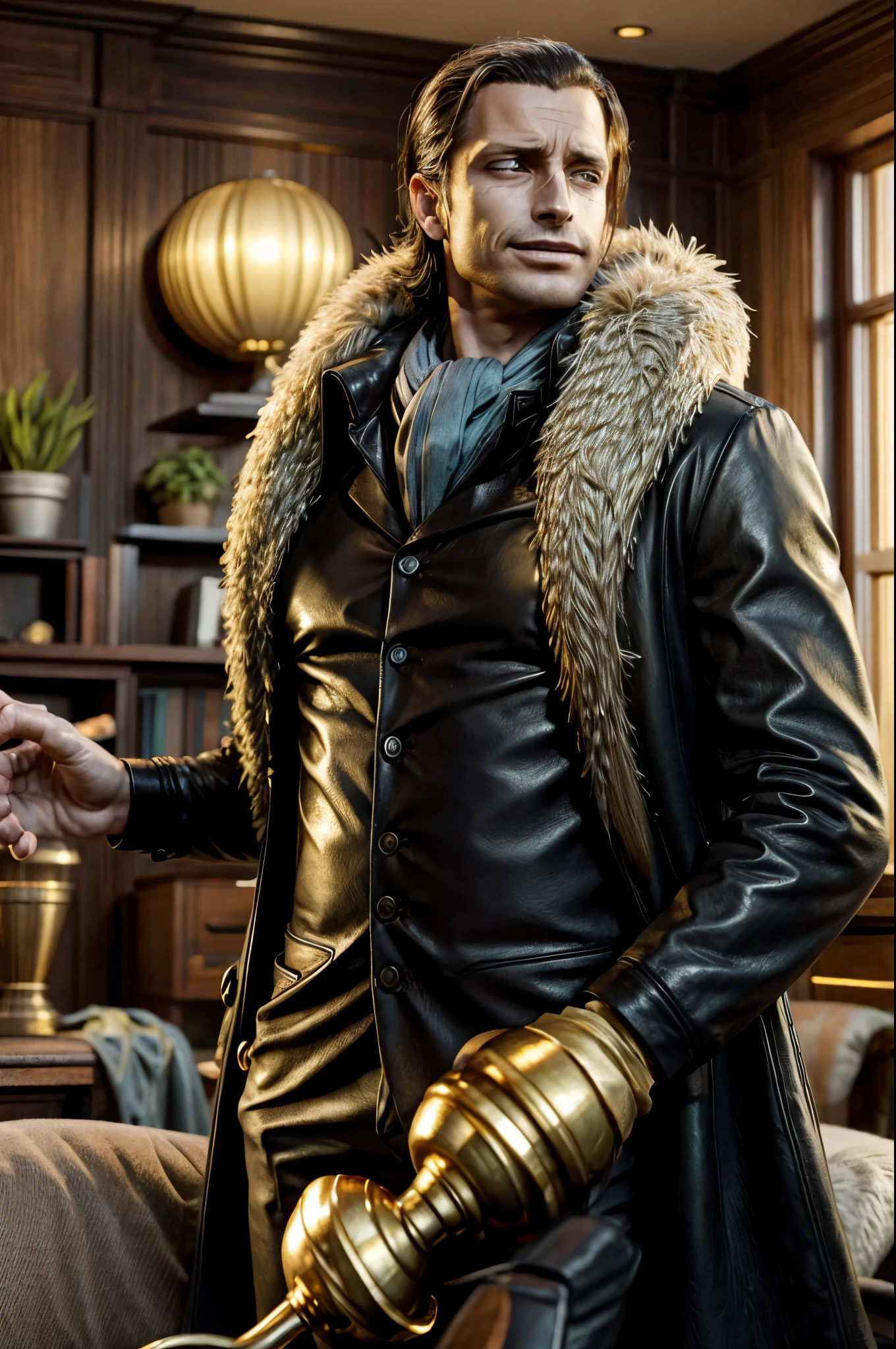 masterpiece, best quality, extremely detailed, hyperrealistic, photorealistic, a cool 40s man, ultra detailed face:1.2, fur-trimmed coat, scarf around the neck, his left hand is a golden pirate hook:1.1, distant view shot, modern living room, lots of plants:1.3, dynamic pose, cigar, sly smile, relaxed