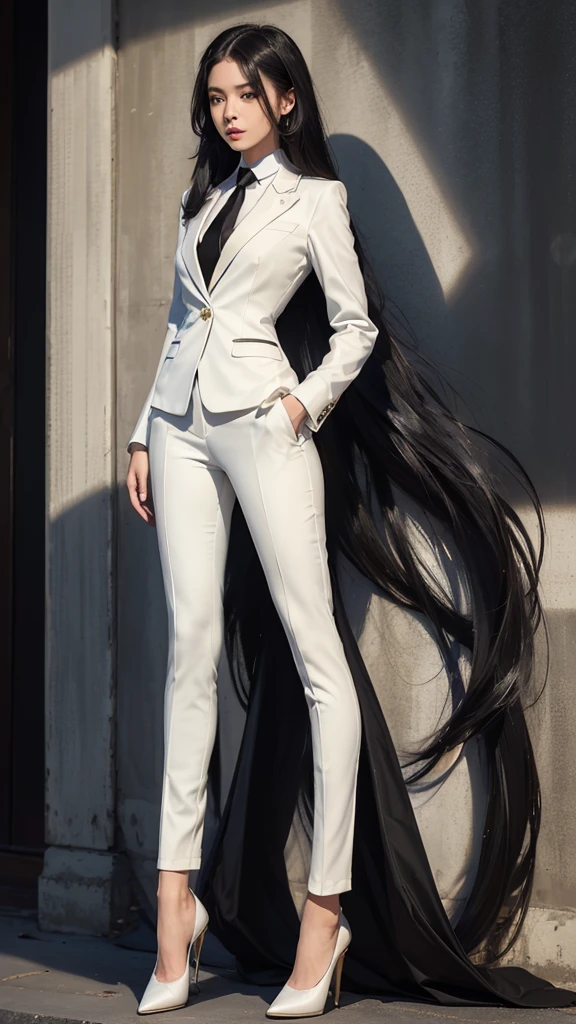 Beautiful girl with two meter long hair, long black hair, wearing a white women&#39;s suit, Wear a suit over the outside., (business suit), (business woman, ชุดbusiness suit, white suit, Two button suit), (white women&#39;s suit), (white shirt), (Thai women&#39;s short black necktie), (Military rank insignia), (Short white pencil skirt), tight, (dynamic post), full body, (Huge breasts, thin body, small waist, hips raised, small thighs, Long legs), A gigantic rift, black high heels, Short white pencil skirt, สวมbusiness suit, business suit, military regalia, advanced military rank