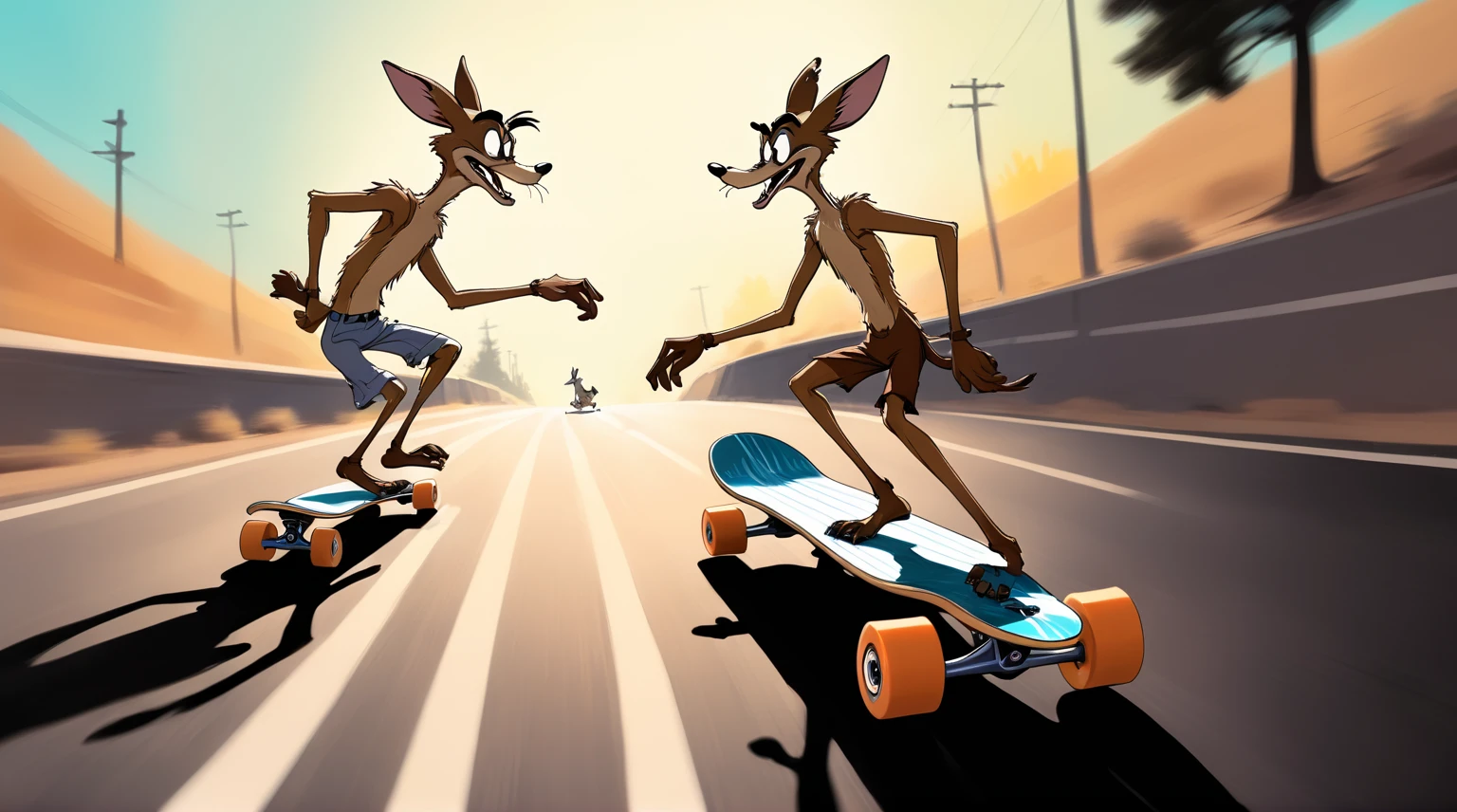 longboarding, downhill, motion blur, sense of movement and energy, Wile E. Coyote and the Road Runner, Wile Coyote on a longboard, keeping pace with Roadrunner who is running on the road, hand drawn Chuck Jones style reference, negative inverted colors, thermal iridescent effect, 
