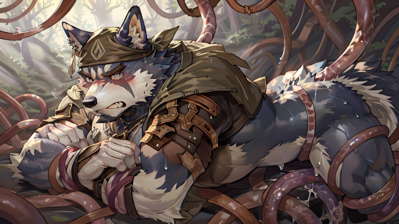 nsfw, ((High resolution, best quality, masterpiece, high detailed),
draw Volga, the main character from "Kemo Coliseum," as a male Nordic husky with a fluffy, high-quality coat and expressive facial features, ensure correct anatomical proportions and detailed eyes, he wears unconvincing armor and a bandana on his head, seen from the side in a nervous pose within a mysterious forest, emphasizing his anthropomorphic nature and fluffy tail, maintaining a kemono style.",
((((Sweaty)))), (angry), (blush), tentacles, tentacles sex, (arched back:1.2), solo,