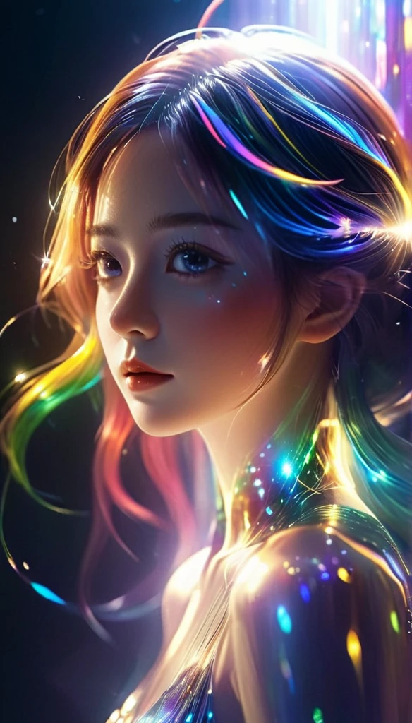 {{masterpiece}}, best quality, Extremely detailed CG unified 8k wallpaper, movie lighting, lens flare, beautiful details eyes, Black, side view, multi color hair, rich and colorful light, particle, heterochromia, (rich and colorful:1.5), (rich and colorful hair:1.5),