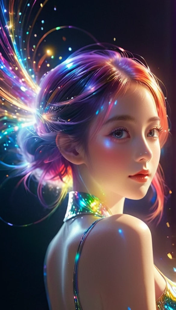 {{masterpiece}}, best quality, Extremely detailed CG unified 8k wallpaper, movie lighting, lens flare, beautiful details eyes, Black, side view, multi color hair, rich and colorful light, particle, heterochromia, (rich and colorful:1.5), (rich and colorful hair:1.5),
