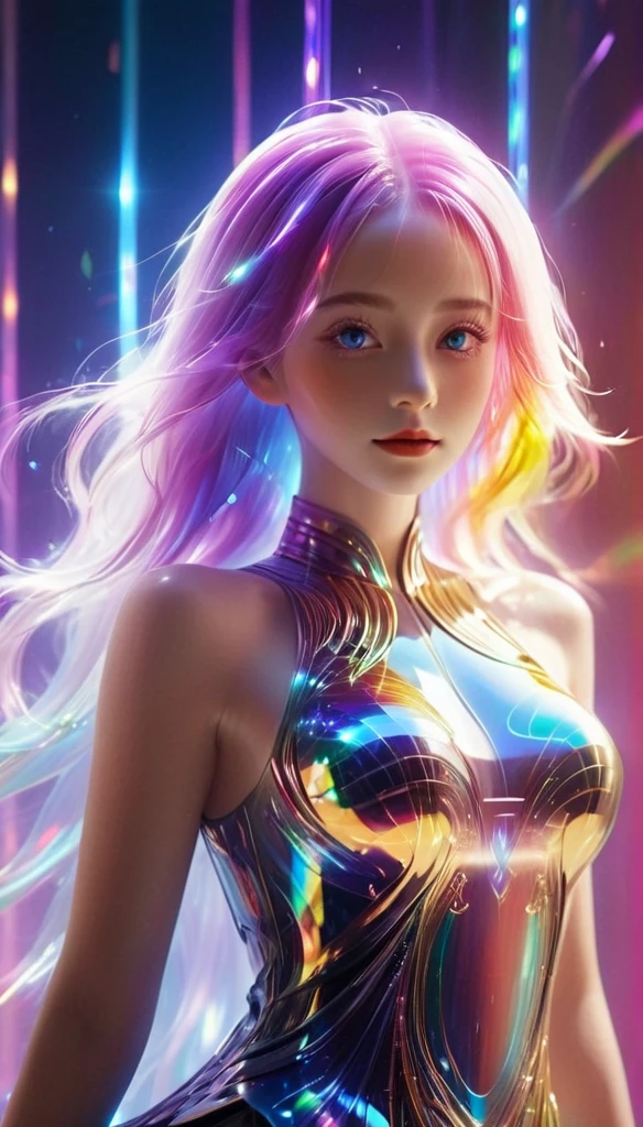 (masterpiece), best quality, expressive eyes, perfect face, beautiful athletic female named Lygeia Marcovicci with long straight rainbow hair wearing a holographic rainbow superhero costume surrounded by light, fire, ice, darkness and electricity