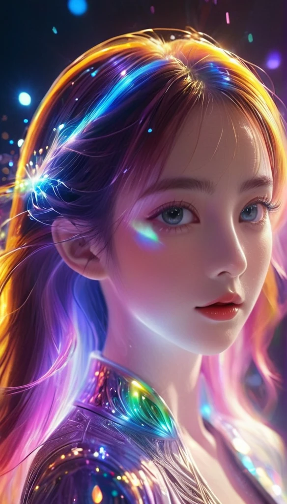 {{masterpiece}}, best quality, Extremely detailed CG unified 8k wallpaper, movie lighting, lens flare, beautiful details eyes, Black, side view, multi color hair, rich and colorful light, particle, heterochromia, (rich and colorful:1.5), (rich and colorful hair:1.5),