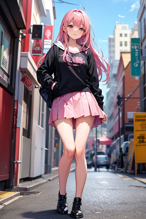 whole body,mini skirt,Pink Hair
