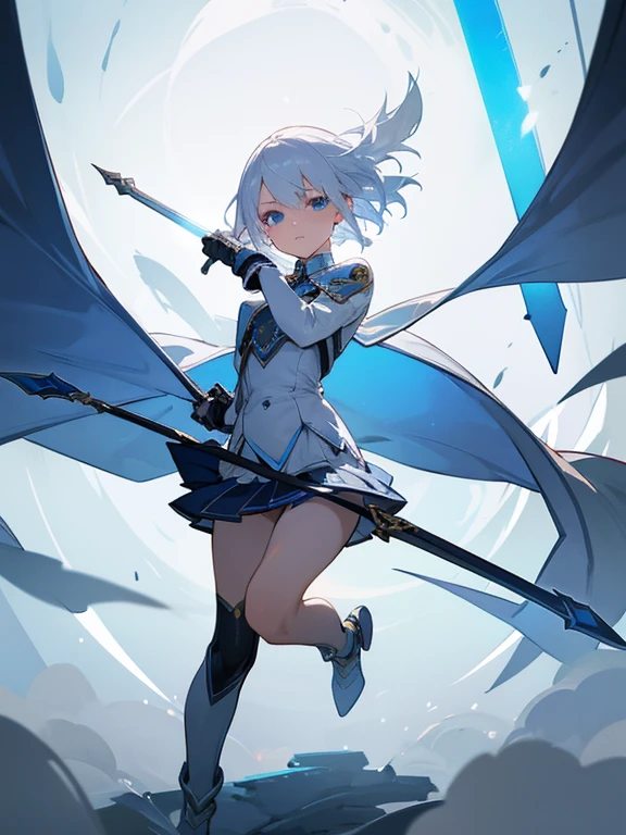 1girl, full body, white hair, short hair, blue eyes, flat chest, determined expression, silver sword, shining blade, epic wind, white uniform, pleated skirt, masterpiece, ultra detailed, beautiful face, detailed eyes, dramatic lighting, detailed background