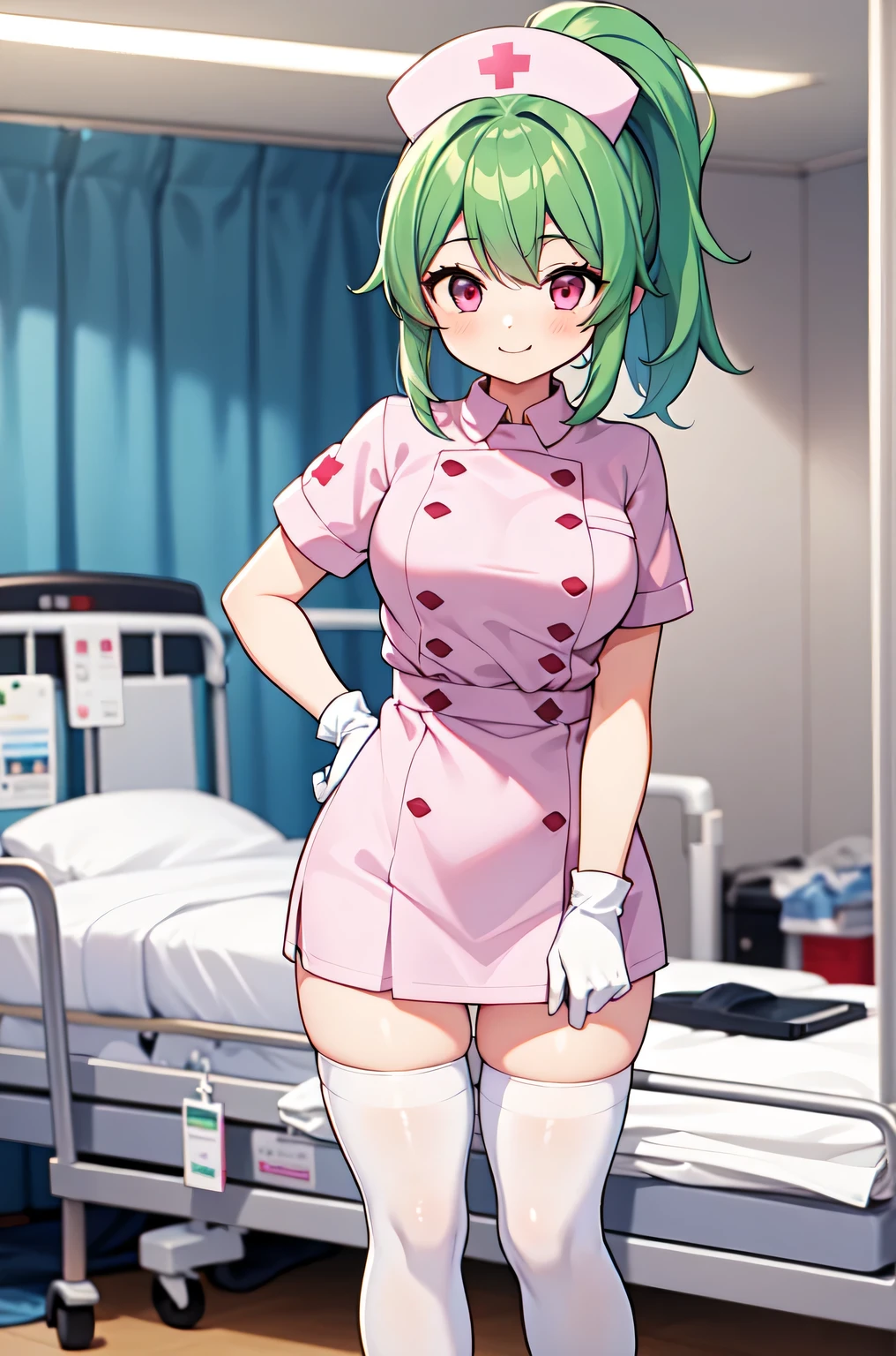 1girl, solo, nurse, nurse cap, white nurse uniform, ((white legwear, zettai ryouiki)), white gloves, ponytail, green hair, pink eyes, smile, standing, ((hospital room)), sharp outline, short sleeves, best quality, masterpiece