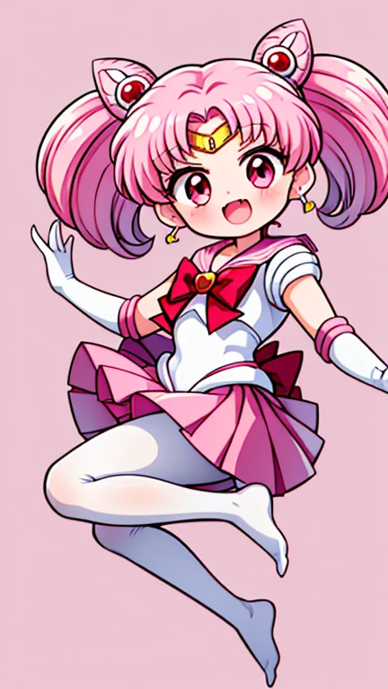 Sailor Moon，young年，，cute，（Little Loli），Pink hair twintails，short hair，Sailor Suit，red bow，White elbow gloves，Red Skirt，no shoes，Open your mouth，laughing out loud，Fangs，(White pantyhose),soles of feet，Soles，（young），（The body is small and delicate）