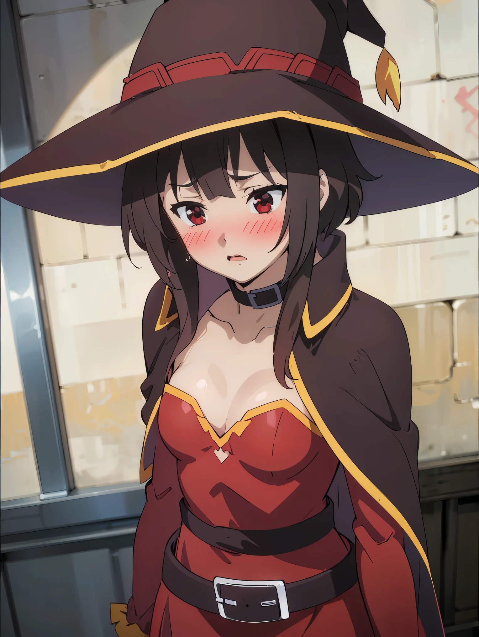 There was one girl with shiny skin, sexyposture,best qualtiy,tmasterpiece,(Photorealsitic:1.4),breast enhancement,reality,offcial art,The 8k quality,Super Detail,Fine detail skin,Movie angle,Cinematic textures,Movie Lighting,masutepiece,The highest image quality,1 girl,Vermilion lips,hair messy,pantyshot,Big Mimi,crisp breasts,1girll,((cleavage)), ((blushing)), brown hair, (((blush))), official outfit, red dress, cape, cleavage, (((((small breasts))))), belt, long sleeves, sweat, short hair, ((witch hat)), red eyes, (looking down), strongly embarrassed, from above