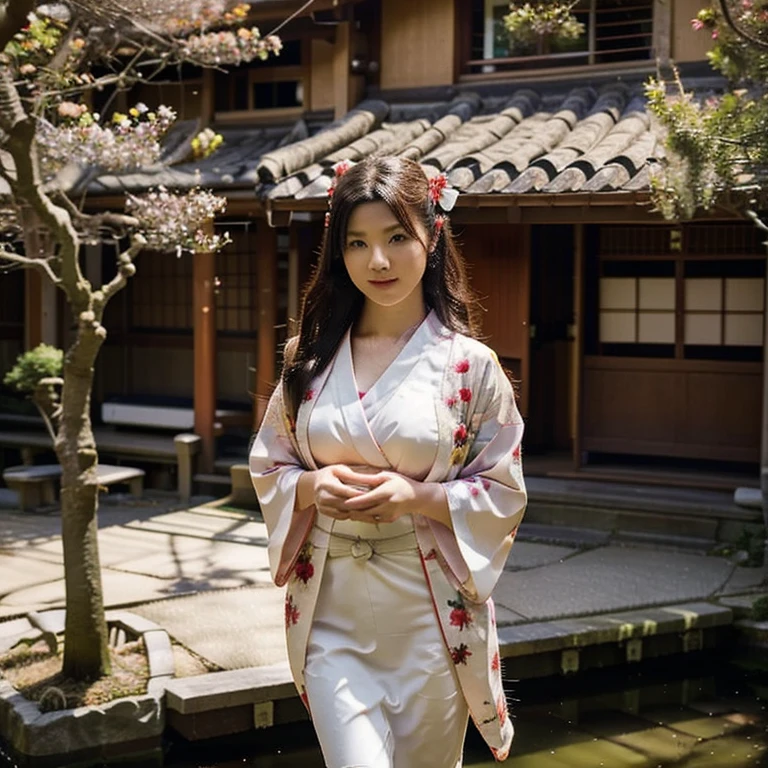 1girl, cute Japanese female, 25 years old female, kimono, tight, dynamic pose, Japanese traditional house, plum trees, aerial view angle focus on breast, ultrarealistic photography