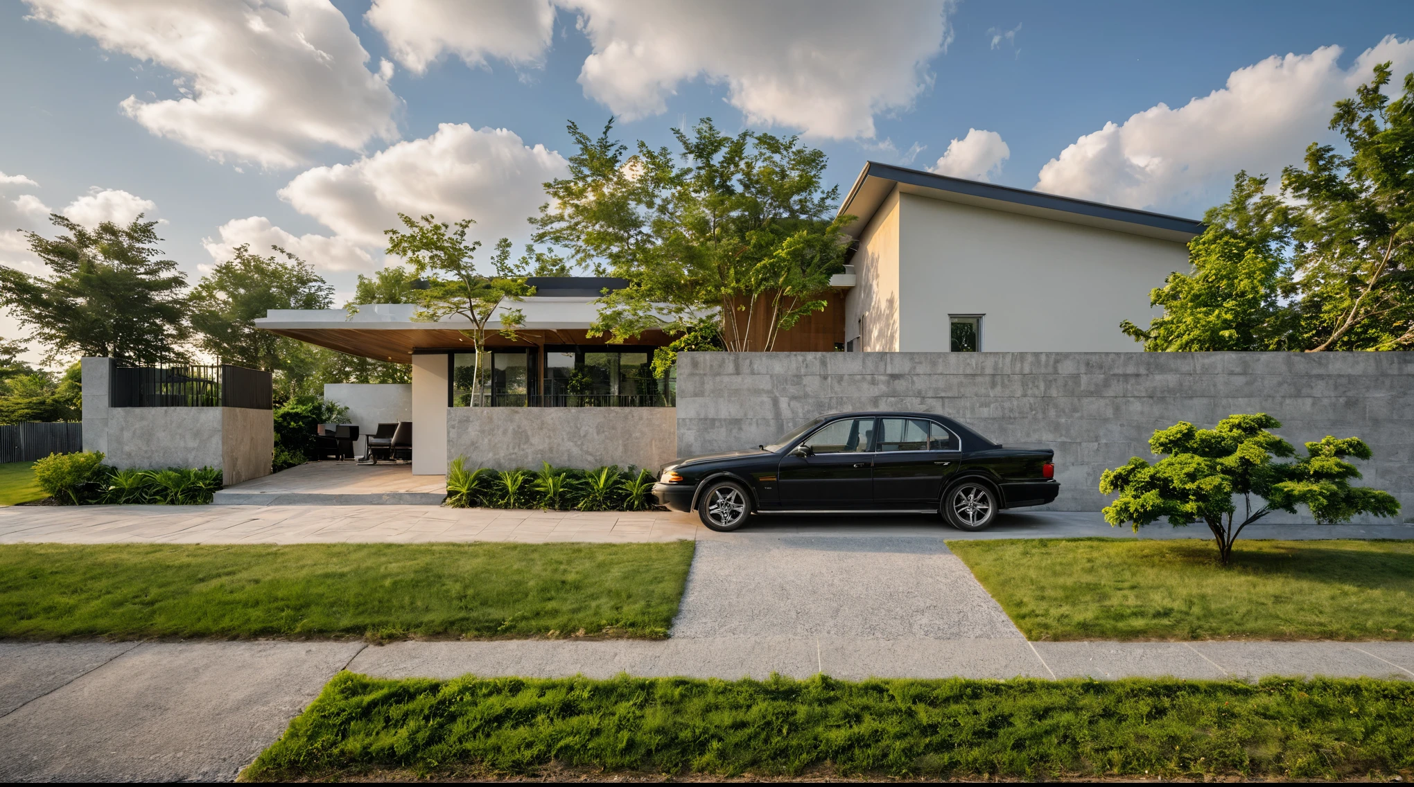 Masterpiece, high quality, best quality, authentic, super detail, outdoors, onestoreyvillaXL, aiaigroup, house style modern on the street ,stairs, stucco wall ,road,pavement, grass, trees, sky, cloud, (daylight:1.1)