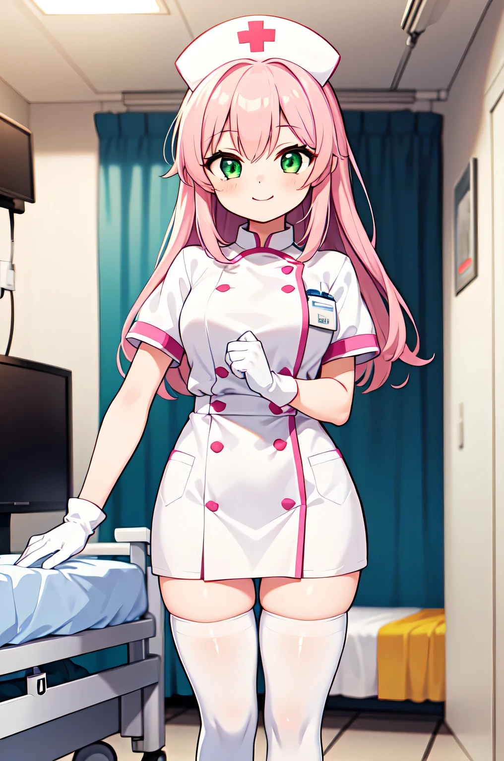 1girl, solo, nurse, white nurse cap, white nurse uniform, ((white legwear, zettai ryouiki)), white gloves, pink hair, green eyes, drooping eyes, smile, standing, ((hospital room)), sharp outline, short sleeves, best quality, masterpiece