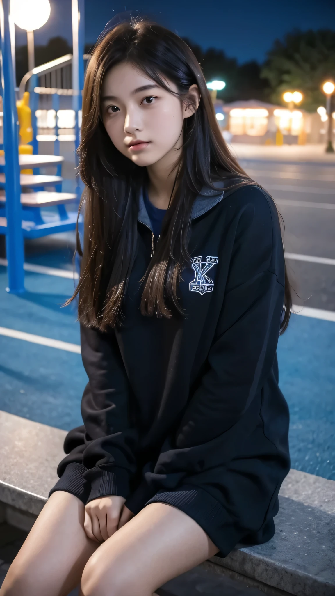 First-person perspective,a female high school student,Sit on the playground，night，wearing jk，Lovely