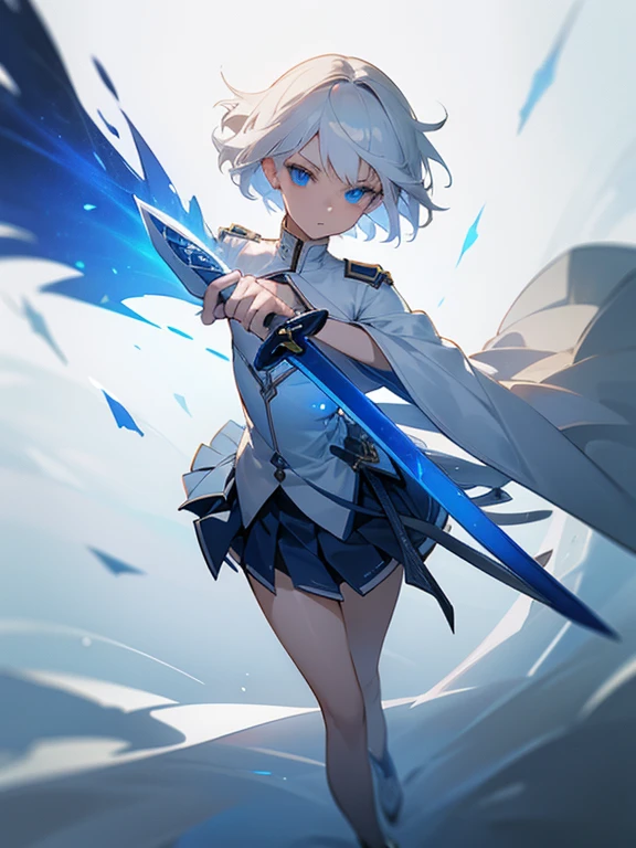 1girl, full body, white hair, short hair, blue eyes, flat chest, gallant expression, white uniform, blue linings, pleated skirt, masterpiece, ultra detailed, beautiful face, detailed eyes, clean fingers, plain room, 1 sword, holding sword in front of her, medieval hotel, detailed background
