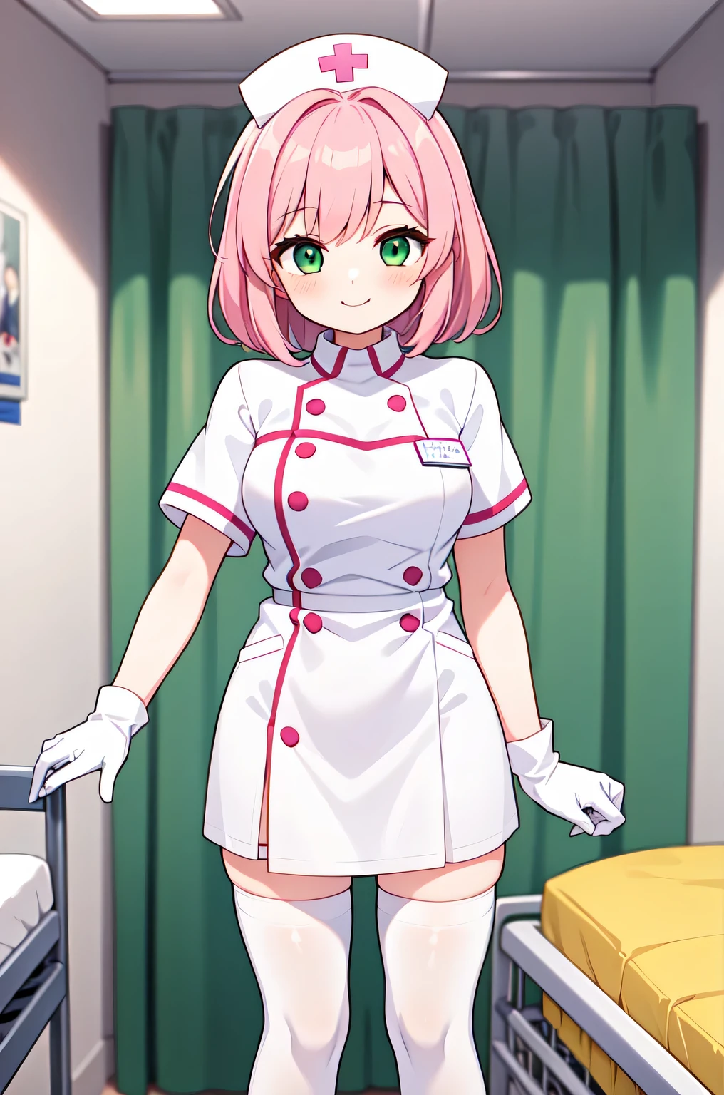 1girl, solo, nurse, white nurse cap, white nurse uniform, ((white legwear, zettai ryouiki)), white gloves, pink hair, green eyes, drooping eyes, smile, standing, ((hospital room)), sharp outline, short sleeves, best quality, masterpiece