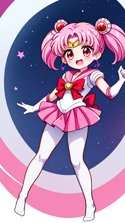 Sailor Moon，young年，，cute，（Little Loli），Pink hair twintails，short hair，Sailor Suit，red bow，White elbow gloves，Red Skirt，no shoes，Open your mouth，laughing out loud，Fangs，(White pantyhose),soles of feet，Soles，（young），（The body is small and delicate）